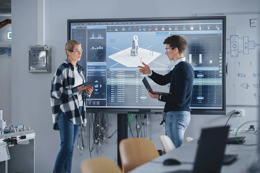 Two Male and Female Students Standing Near Big Screen and Discussing Program for Motion of Robotic Arm while Studying at University. Education and Innovative Technologies Workshop Concept.