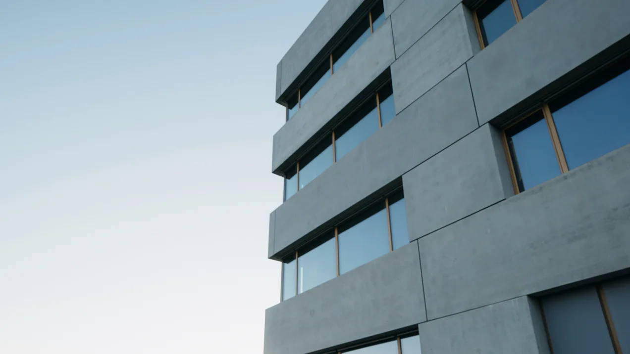 Nahaufnahme der modernen Sichtbetonfassade mit versetzten Fensterfronten.