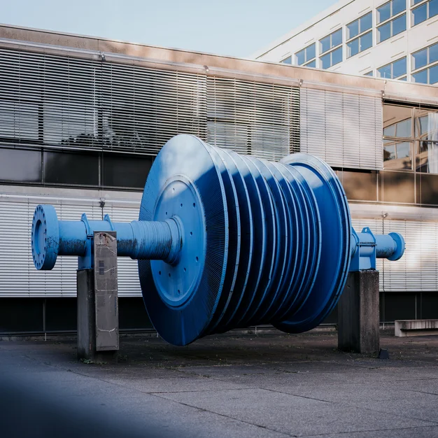 Blaue Gasturbine als technisches Exponat vor einem Glasgebäude am Campus Prittwitzstraße der Technischen Hochschule Ulm.