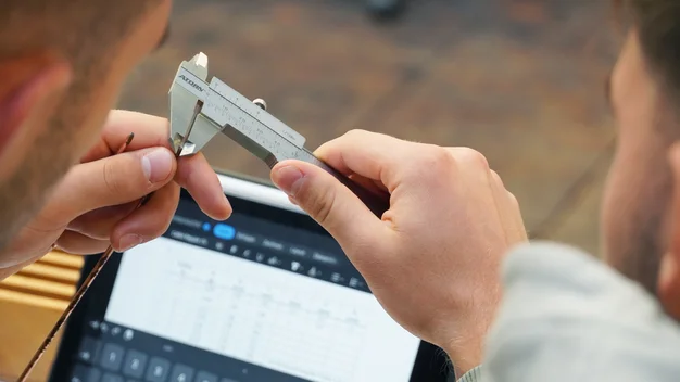 Detailaufnahme, Hände mit Schieblehre