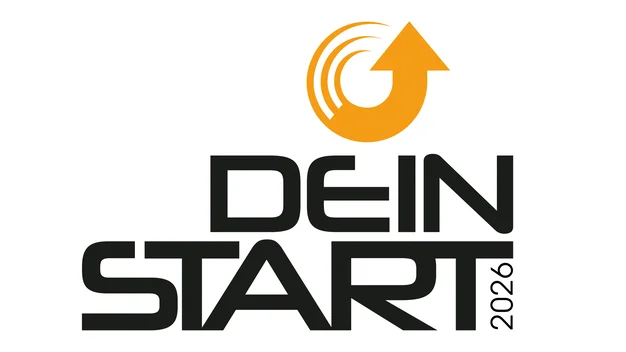 Logo Dein Start 2026 mit dynamischem, orangem Pfeil nach oben