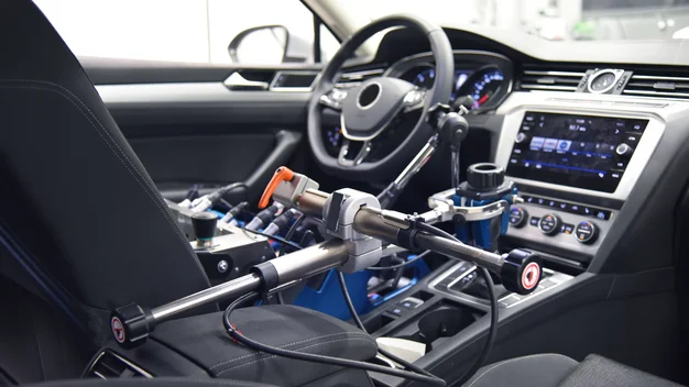 Interior shot of a self-driving car. A robotic arm controls the gearshift.