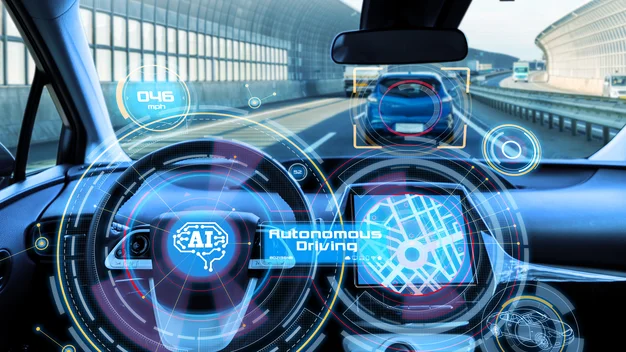 Cockpit of autonomous car and AI(Artificial Intelligence). Driverless car. Self driving vehicle. UGV. Cockpit of autonomous car and AI(Artificial Intelligence). Driverless car. Self driving vehicle. UGV.