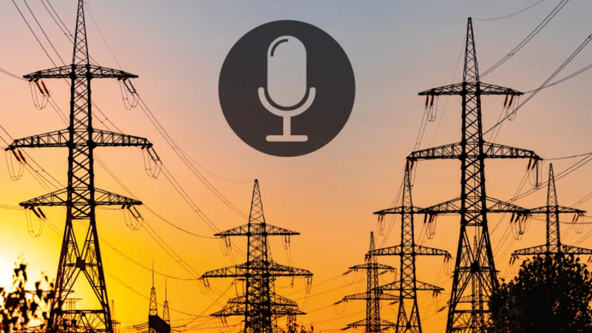 Grafisches Cover oder Szene aus einer Podcast-Aufnahme zum Thema Elektrifizierung und Energiewende.