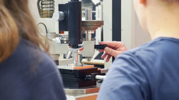 Zwei Studierende von hinten bedienen Mikroskop