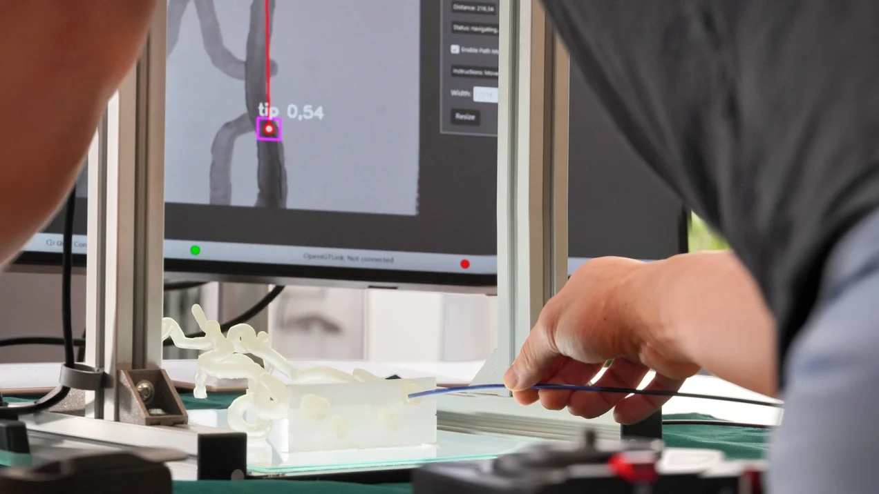 Person führt einen Sensor-Test an einem 3d-gedruckten Blutgefäß durch. 
