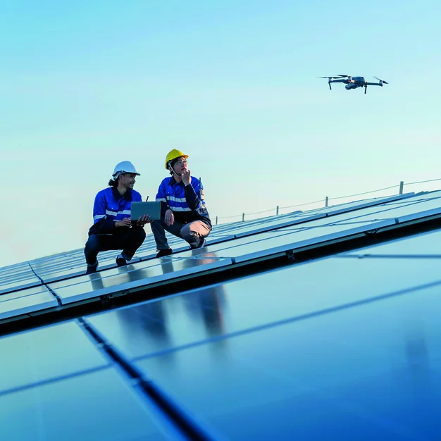 1368780536 Specialist technician professional engineercontrol drone checking top view of installing solar roof panel on the factory rooftop under sunlight. Engineers holding tablet check solar roof.
