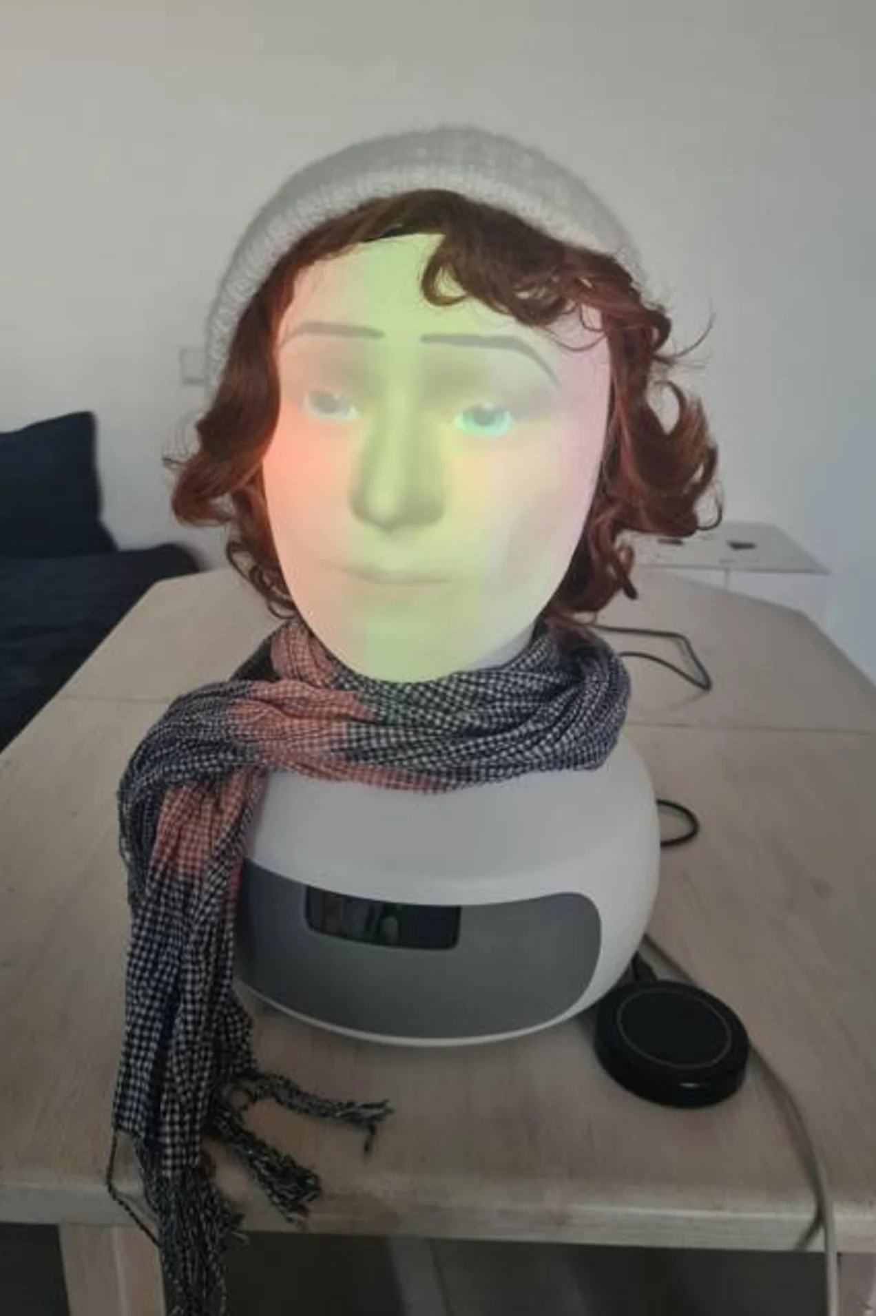 Ein Roboterkopf mit Schal und Mütze.