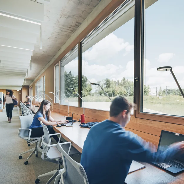 Blick in das Einstein-Studio: Personen bei der fokussierten Arbeit an PC-Stationen in einem lichtdurchfluteten Raum. Ideal zur Darstellung von IT-Infrastruktur.