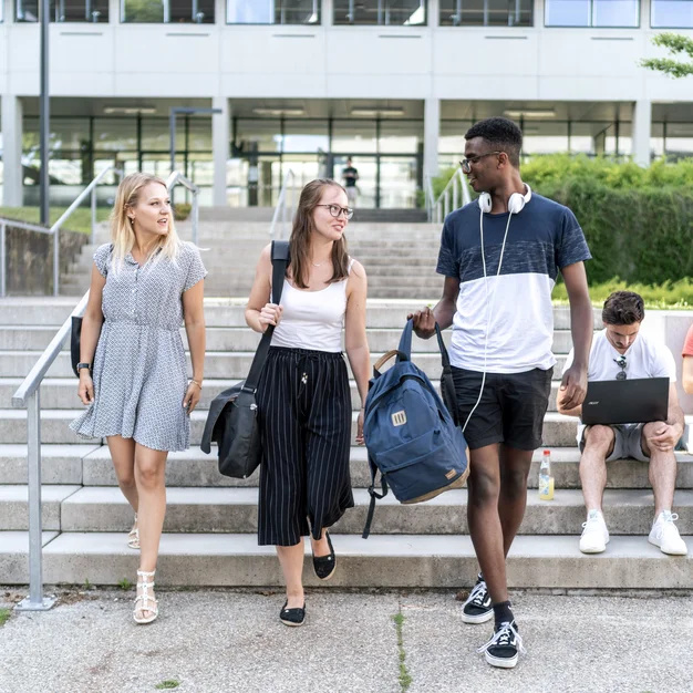 Studierende gehen eine breite Außentreppe auf dem Campus hinunter.