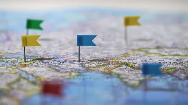 Locations marked with pins on world map, global communication network, closeup 