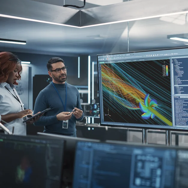 Team von verschiedenen Softwareentwicklern, die ein Meeting abhalten, um den Code der Computertechnikabteilung zu überprüfen. Manager, der eine Präsentation für Projektmanager im Büro hält