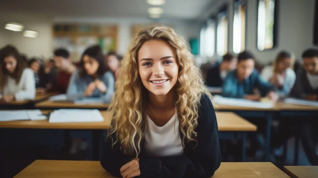 Das Bild zeigt eine Studentin in einem Hörsaal.